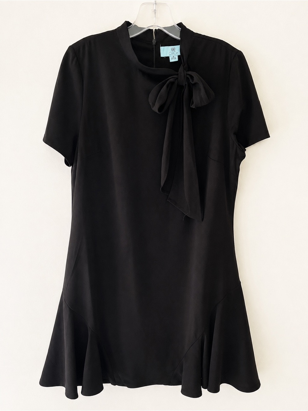 CeCe Black Tie-Neck Short-Sleeve Mini Dress